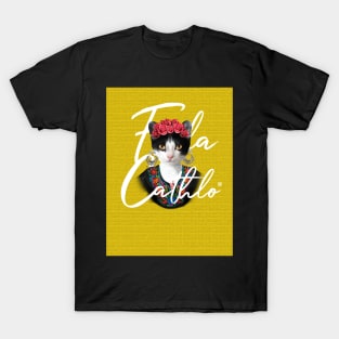 Yellow TXW back Cat Frida Cathlo version of - Frida Kahlo T-Shirt